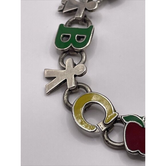 Mexico 925 Silver Enamel ABC Teacher Children Kids Chain Bracelet Vintage A277 - Picture 12 of 16